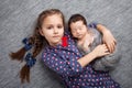 Newborn baby with sister. Cute girl lying with her little brother. Happy sister embracing her newborn baby brother Royalty Free Stock Photo