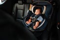 newborn baby sitting in infant car seat, safety chair travelling