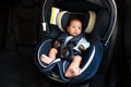 newborn baby sitting in infant car seat, safety chair travelling