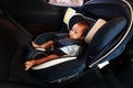 newborn baby sitting in infant car seat, safety chair travelling