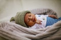 Baby Sleep, Newborn Kid In Woolen Hat Sleeping On Fur Blanket Royalty Free Stock Photo