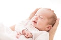 Newborn Baby Sleep on Mother Hands, New Born Girl Smiling and Sleeping