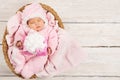 Newborn Baby Sleep With Present Gift Box, Sleeping Kid, Pink Royalty Free Stock Photo