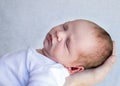 Newborn baby sleeping closeup of his face with a person`s hand Royalty Free Stock Photo