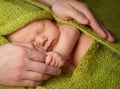 Newborn Baby Sleeping in Father Hands, Parent Protecting New Born Child, one month Child Sleep under Green Woolen Blanket