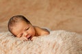 Newborn baby sleeping, resting on her own hands and elbows, on brown background Royalty Free Stock Photo