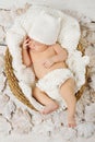 Newborn baby sleeping in white basket Royalty Free Stock Photo