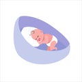 The newborn baby sleeps in the cradle. A small child lies in a crib on a pillow. Baby in a diaper. Vector, cartoon Royalty Free Stock Photo