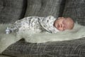 The newborn baby sleeps on a fur blanket. Sleeping baby child grows up in a dream. Portrait soft focus