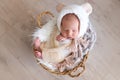 Newborn baby sleeps sweetly in a diaper-cocoon in a hat with bear ears, healthy baby sleep Royalty Free Stock Photo