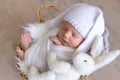 A newborn baby sleeps sweetly in a diaper-cocoon in a hat with hare ears and with a soft toy hare Royalty Free Stock Photo