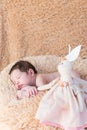 A newborn baby sleeps with a toy, a plush hare. My best friend the baby is sleeping with her teddy kidney on the bed. New family Royalty Free Stock Photo