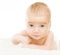 Newborn baby smiling, active kid over white background Royalty Free Stock Photo