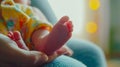 Newborn Baby Tiny Feet Cradled in Parent's Hands. Generative ai