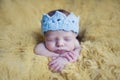 Newborn baby toddler boy with blue woolen knitted crown on head lies on hands on the yellow fur and sleeps sweetly Royalty Free Stock Photo