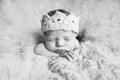 Newborn baby toddler boy or girl with woolen knitted crown on head lies on hands on the fur and sleeps sweetly. Black and white pi Royalty Free Stock Photo