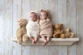 Newborn Baby Twin Girls Wearing Bear Bonnets Royalty Free Stock Photo
