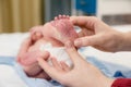 Newborn baby& x27;s legs in mom& x27;s hands Royalty Free Stock Photo