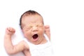 Newborn baby yawns, white background, copy space. Sleep sippers, funny face of a child, emotions. daily routine, time to sleep Royalty Free Stock Photo