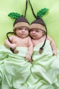 Newborn beautiful baby twins weared in funny knitted hats. Closeup portrait, caucasian child