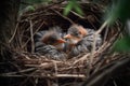 newborn birds sleeping in their nest, surrounded by twigs and feathers