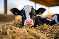 A newborn black and white calf lies in a haystack