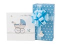 Newborn boy blue gift box greeting card isolated Royalty Free Stock Photo
