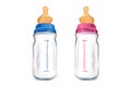 Newborn boy and girl set with pink and blue bottles. Hand drawn watercolor illustration isolated on white background Royalty Free Stock Photo