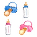 Newborn boy girl set pink blue pacifier and bottle. Hand drawn watercolor illustration isolated on white background. For Royalty Free Stock Photo