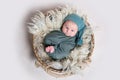 Newborn boy in grey wrap lying on basket Royalty Free Stock Photo