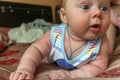 Newborn boy lies on his stomach on the bed and looking away. baby boy in the early days of home. Royalty Free Stock Photo