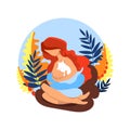 Newborn breastfeeding woman, mom with infant surrounded by exotic leaves, flat style illustration in a limited color palette