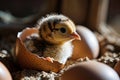 Newborn Chick in Eggshell on Farm.