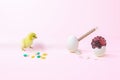 A newborn chicken watches as an avian flu virus hatches from an egg. Capsules with medicine and a medical thermometer symbolize Royalty Free Stock Photo