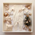 Newborn clothes for Christmas in a box, body suit mockup for babies