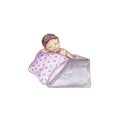 Newborn. Cute sleeping baby drawing. Warecolor illustration baby in box.