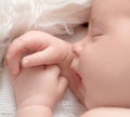 A newborn, cute, sleeping, tiny baby portrait, macro shot. Mom and her baby. The concept of a happy family Royalty Free Stock Photo