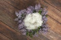 Newborn digital backdrop. Wreath of lilac flowers. Furs. Royalty Free Stock Photo