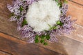 Newborn digital backdrop. Wreath of lilac flowers. Furs. Royalty Free Stock Photo