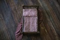 Newborn digital background - dark wooden bed with pink faux fur and lace pillow on dark wooden floor mat with jute and pink layer