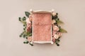 Newborn digital background for girls - small wooden bed with pink faux fur and floral decor