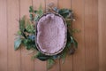 Newborn digital background - natural woven bowl with pink faux fur and tropical garland wreath with succulent plants, eucalyptus