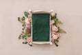 Newborn digital background - small wooden bed with dark green layer and floral decor