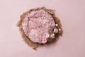 Newborn digital background - wooden bowl with pink faux fur on jute layer and pink backdrop