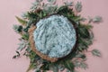 Newborn digital background - wooden bowl with pink faux fur on jute layer and pink backdrop and green leaves wreath