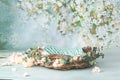 Newborn digital photography background floral and nest basket Royalty Free Stock Photo