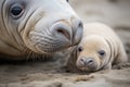 newborn elephant seal pup beside mother Royalty Free Stock Photo