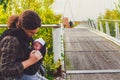 Newborn father together park baby carrier fatherhood background