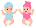 Newborn girl and boy. Cute little male and female babies, blue or pink baby shower symbols isolated vector illustration Royalty Free Stock Photo