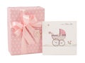 Newborn girl pink gift box greeting card isolated Royalty Free Stock Photo